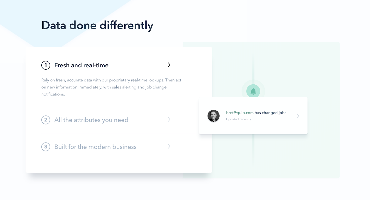 this is a screenshot image of clearbit's marketing site. the header reads "data done differently" and there are 3 bullet points with marketing copy