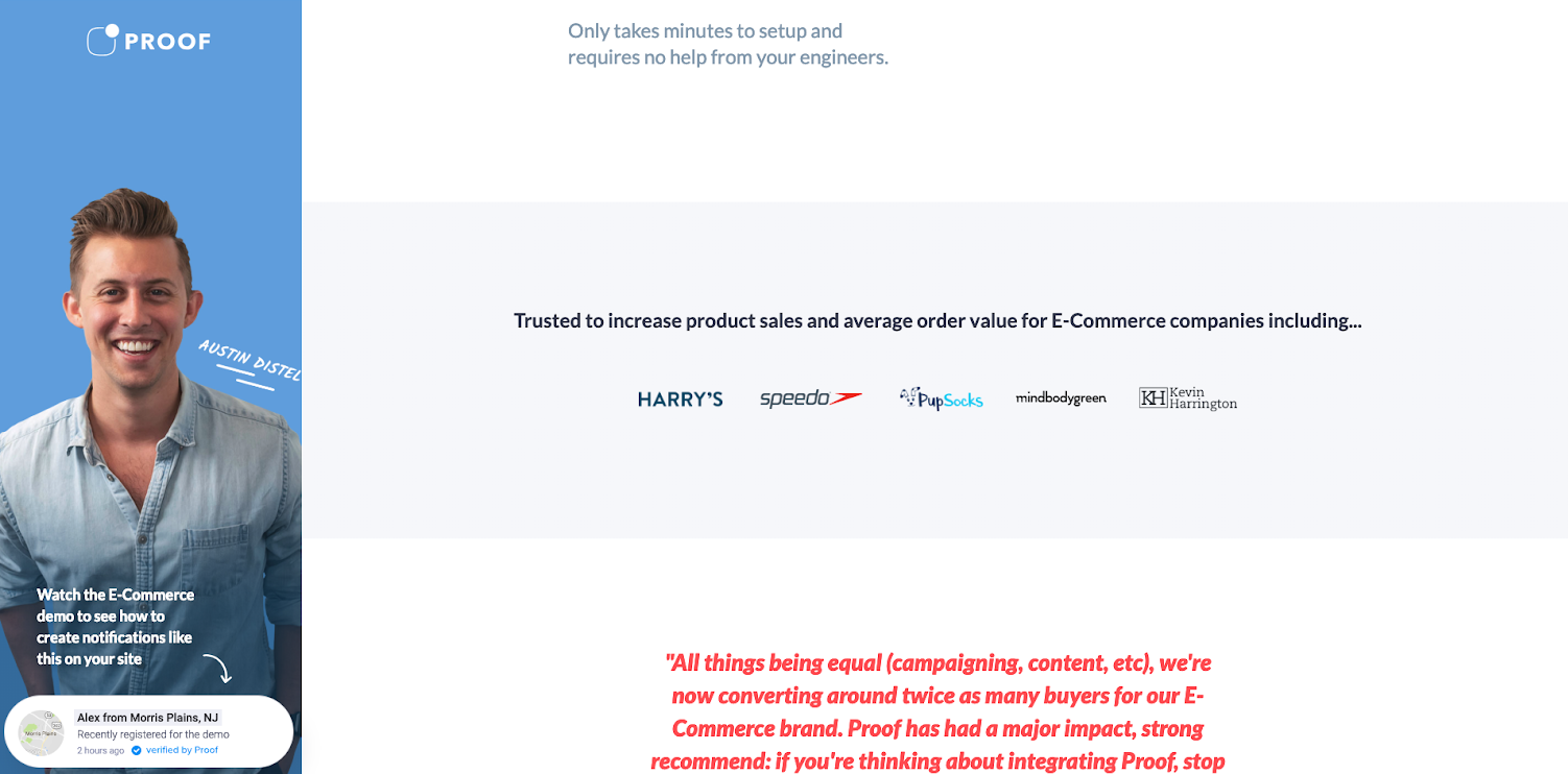 this is a screenshot image of proof's social proof page for ecommerce companies that shows ecommerce company logos and testimonials
