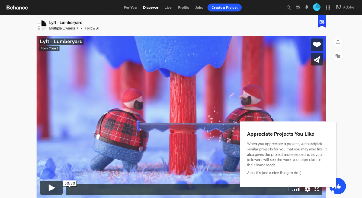 this is an image from behance's user onboarding flow that shows the use of hotspot and tooltip ui patterns. the hotspot is white against a white background which makes it hard to see