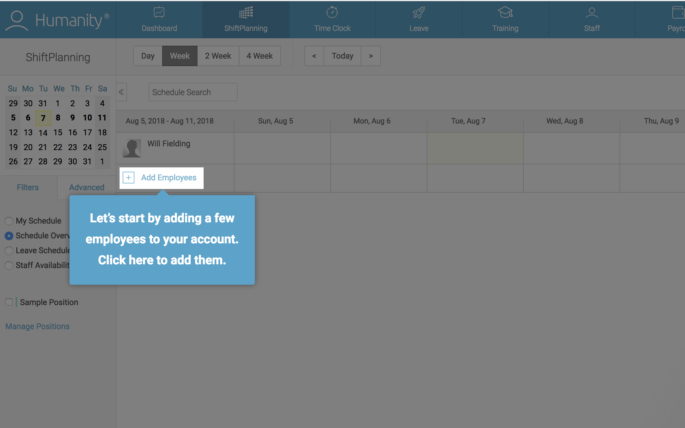this is a screenshot image of employee management tool humanity. it shows a product tour that uses an action-driven tooltip ui pattern. in this example a user has to click on an element on the screen to progress to the next step in the user onboarding tour