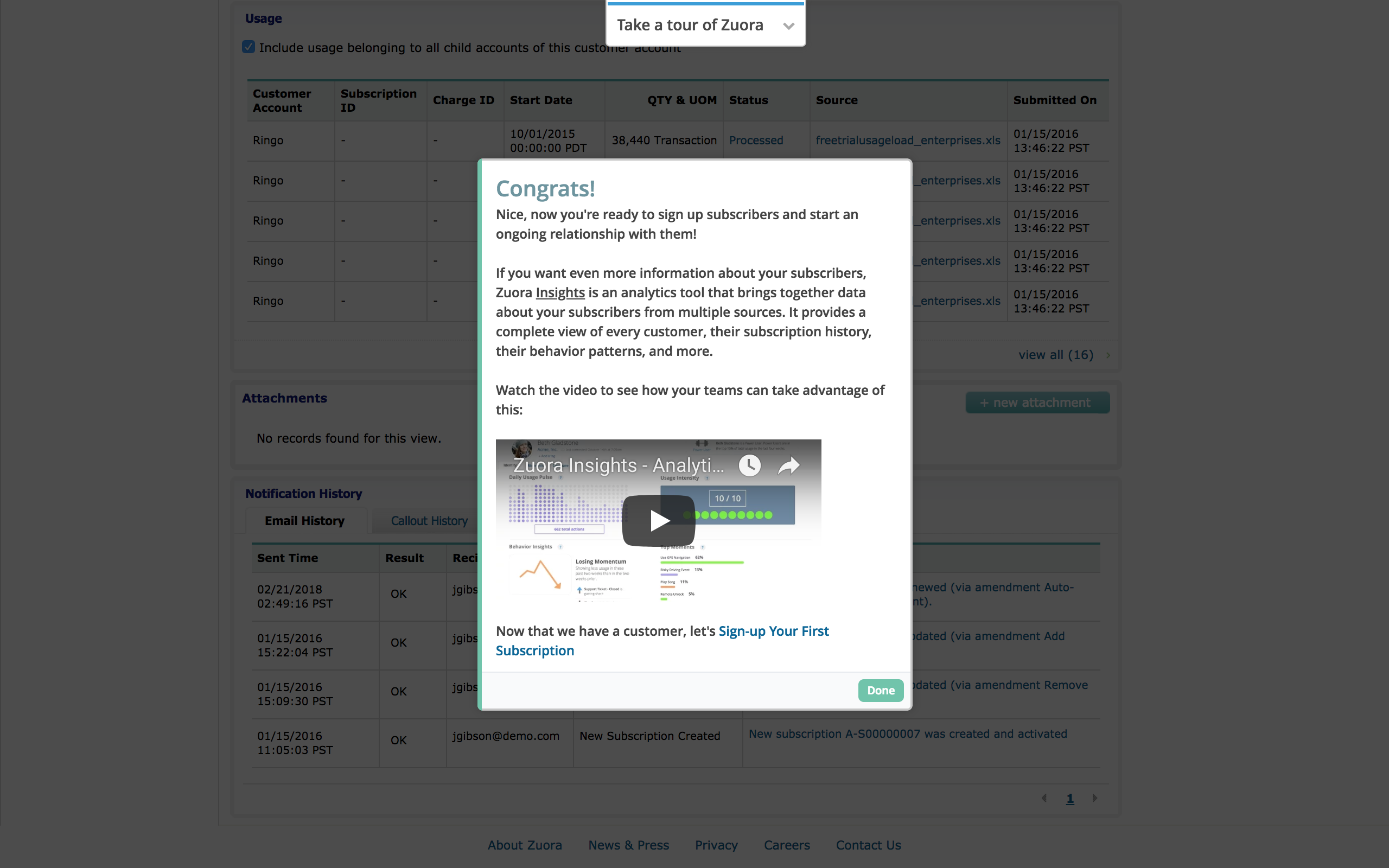 zuora congratulations modal screen grab