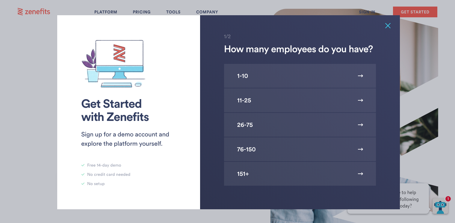 zenefits onboarding modal screen grab