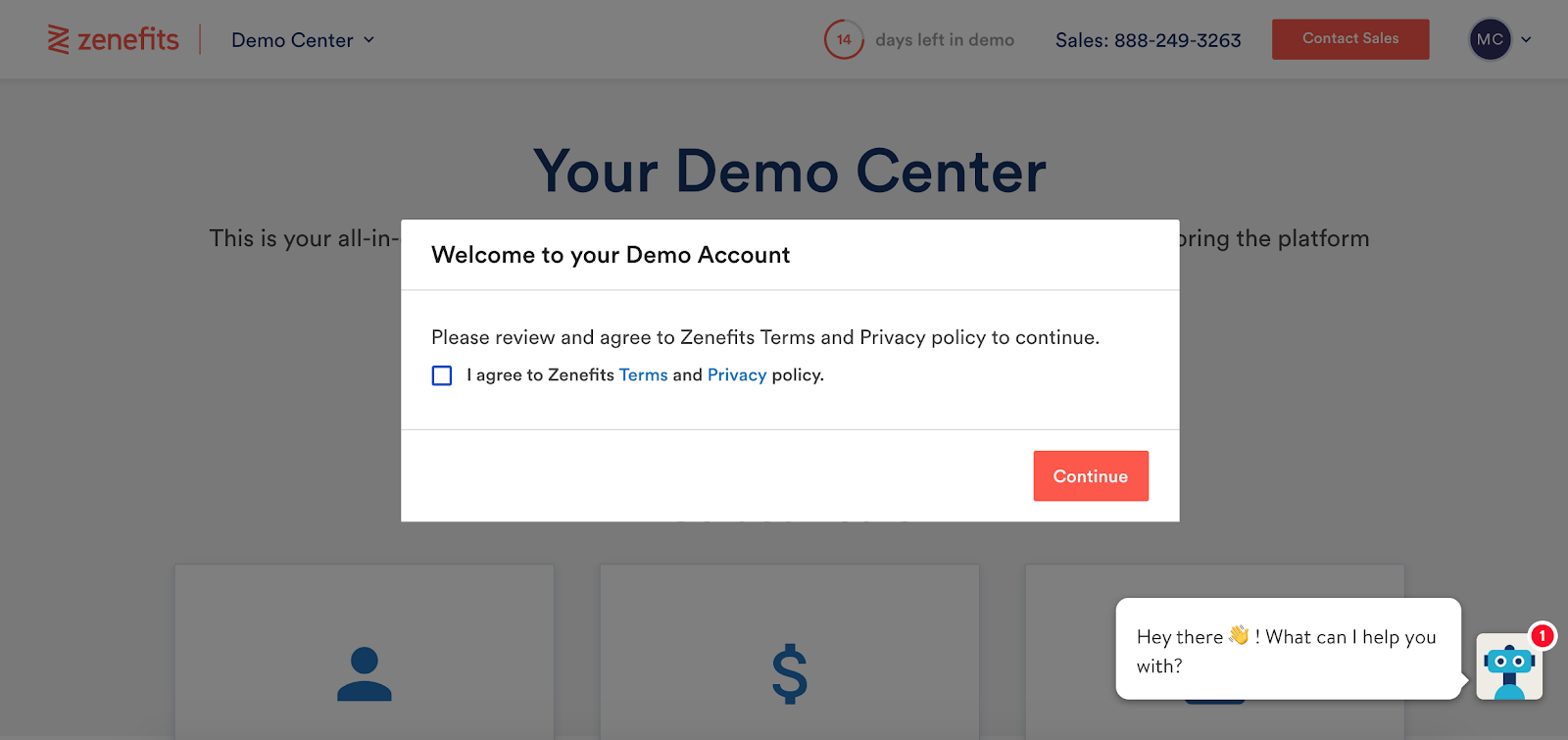 zenefits demo account screen grab