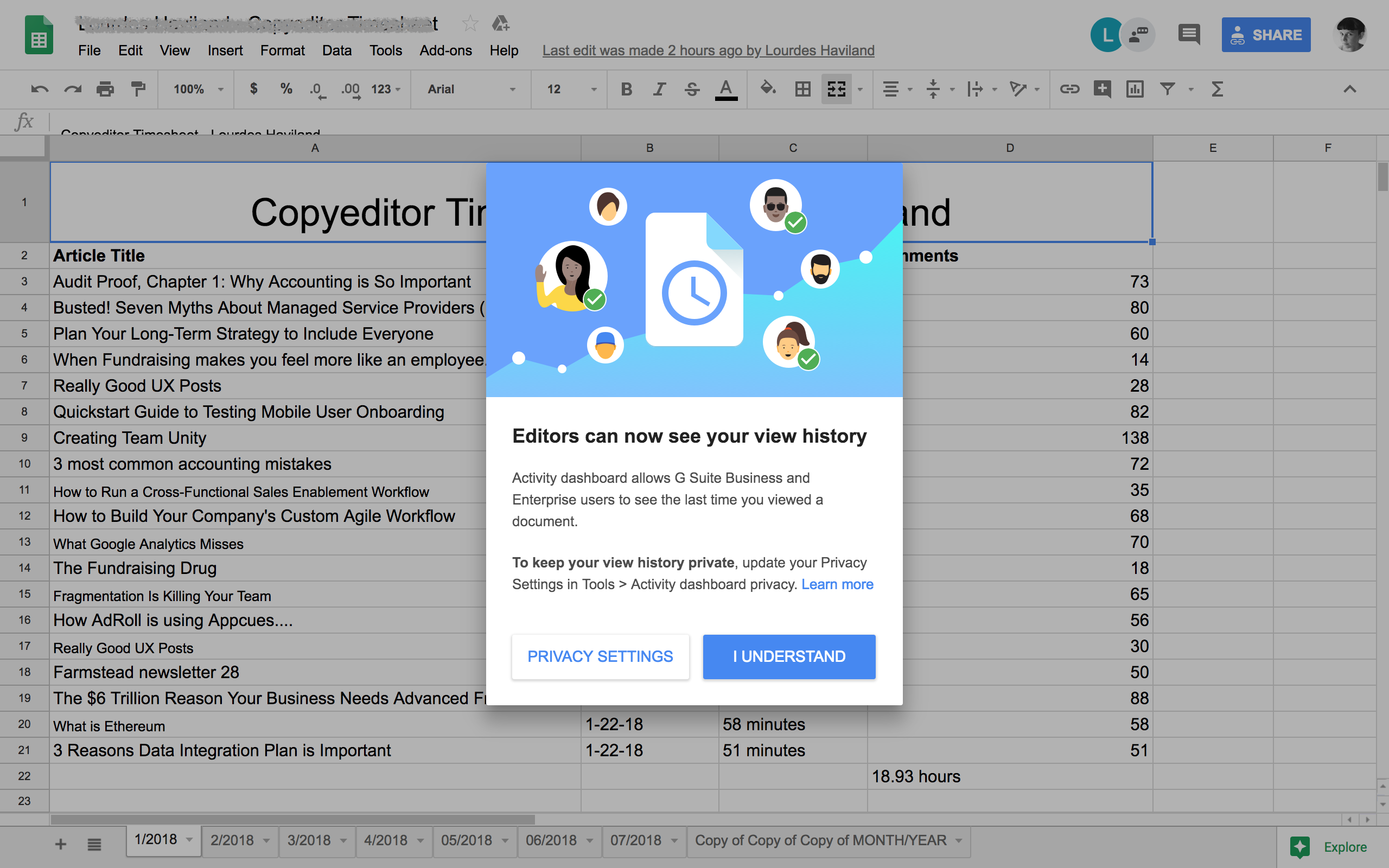 An example of an in-product modal. Google Sheets informs users of changes in the product.