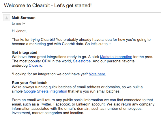 This is a welcome email example from clearbit. The subject line says "welcome to clearbit." This is a plain text email with personalization elements like a first name tag. This is a good plain text SaaS welcome email example.