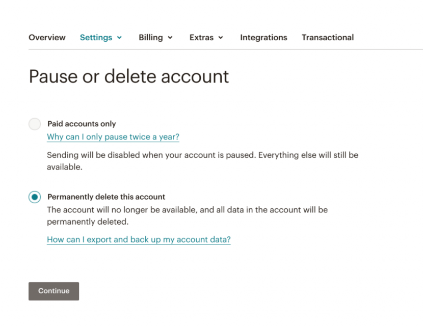 This is a screenshot of mailchimp's account cancellation user offboarding flow. It says pause or delete mailchimp account.