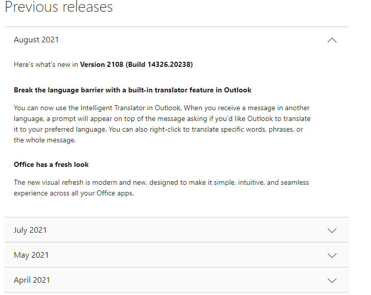 Release notes example showing previous releases