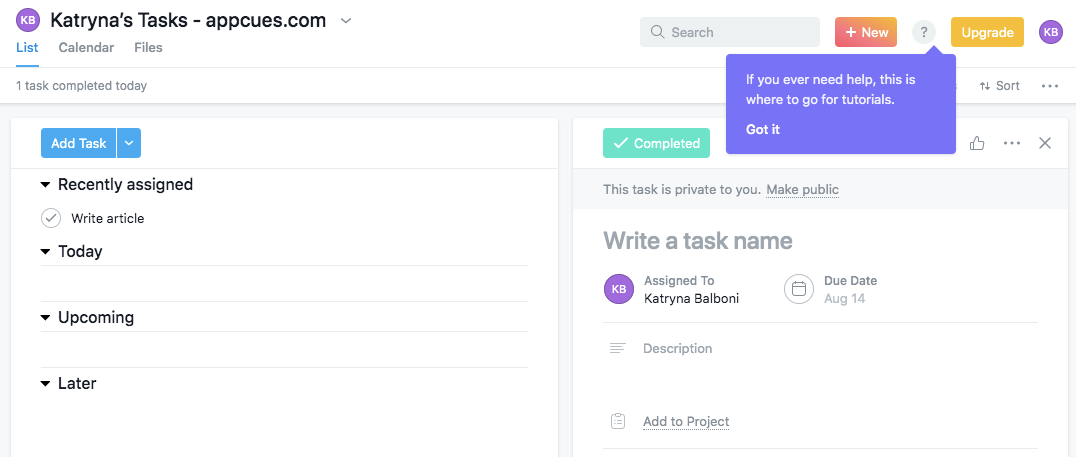 asana self service help button in-app, which is pointed out by a purple tooltip