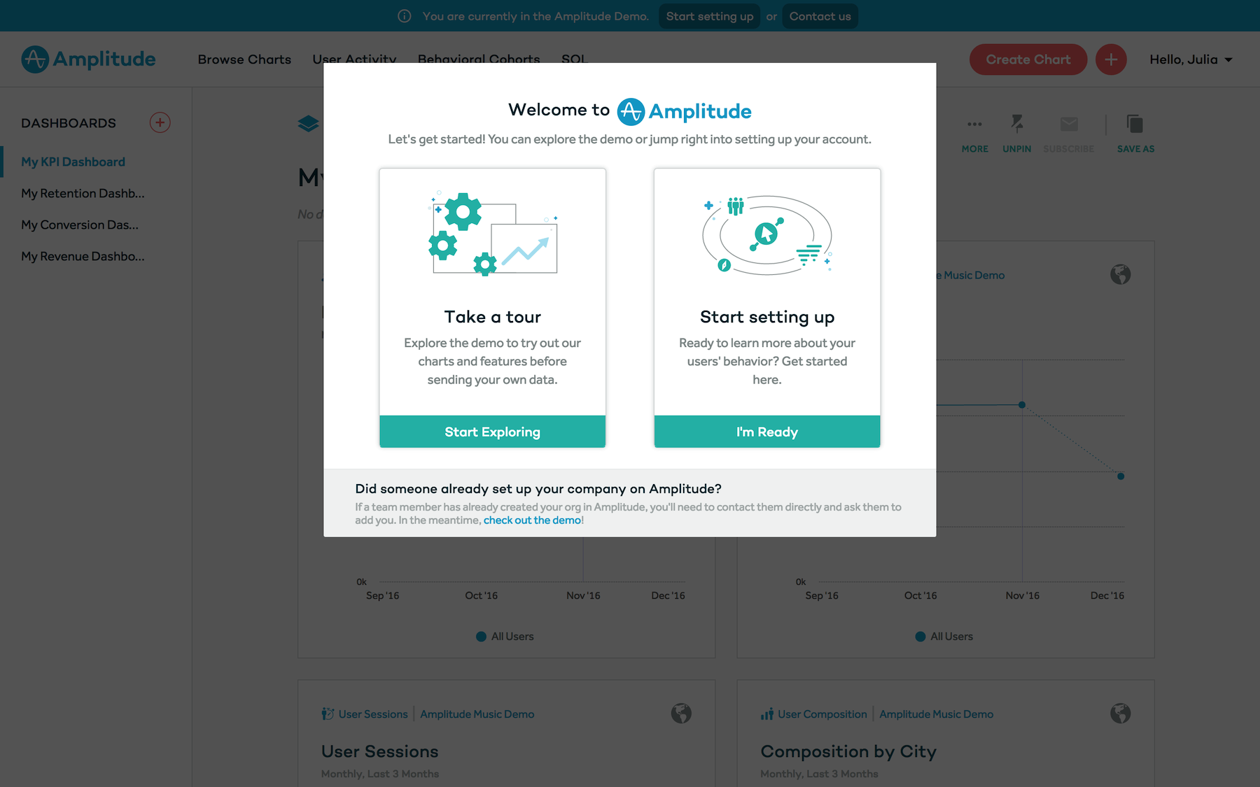 Screenshot of Amplitude's self-service product demo