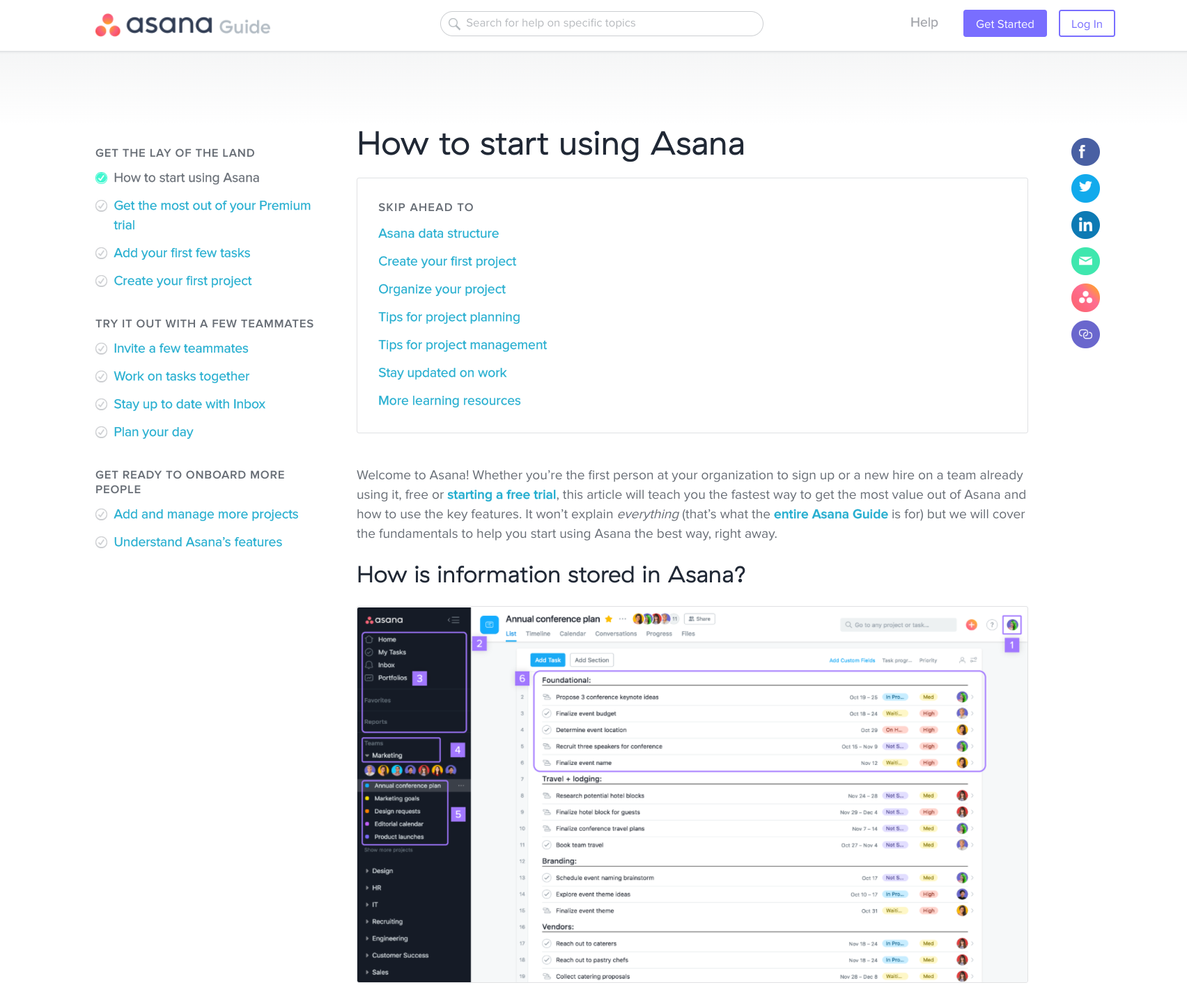 This is a screenshot of Asana's quick start guide, which gives users access to help docs during user onboarding. It shows the page title "How to start using Asana" and a secondary header "how is information stored in Asana" with a screenshot. 