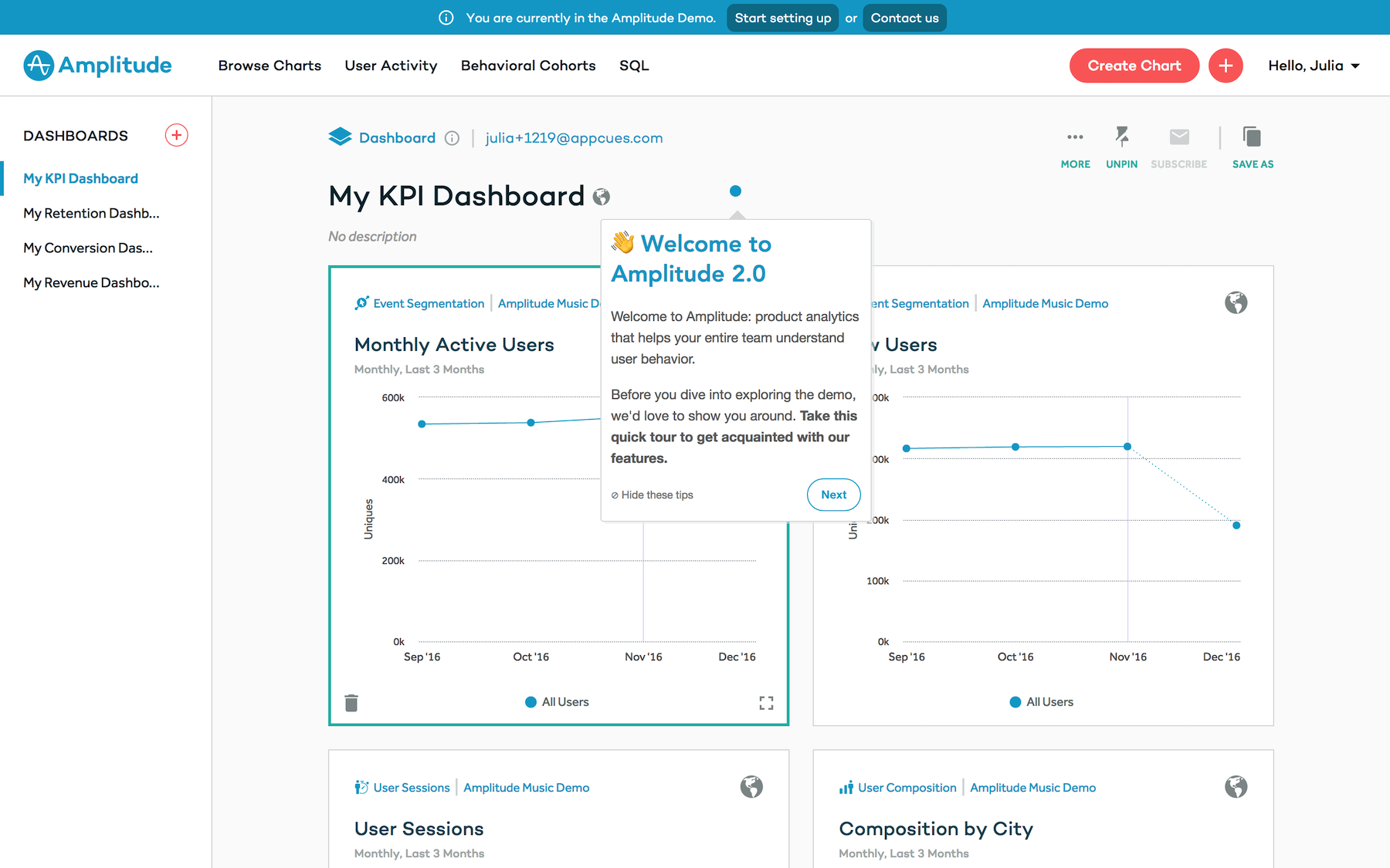 Amplitude welcome tooltip overlayed over KPI dashboard