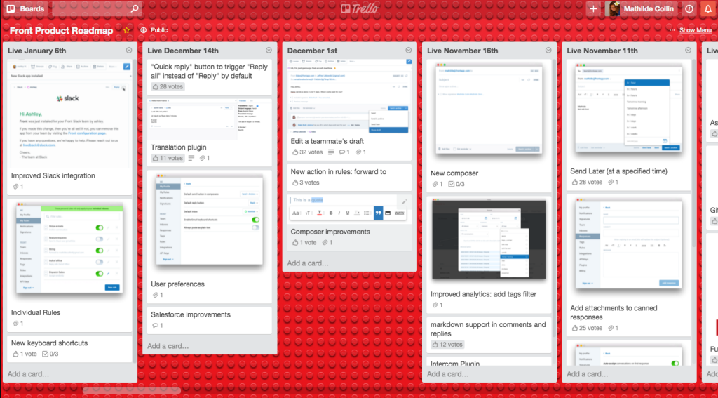 A screenshot of Front's roadmap on Trello