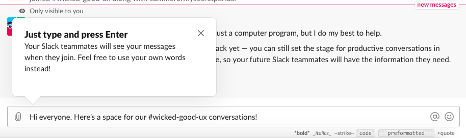 slack new user onboarding tooltip from current 2019 version of slack