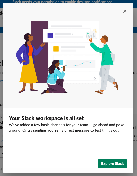 slack new onboarding modal window with explore slack CTA