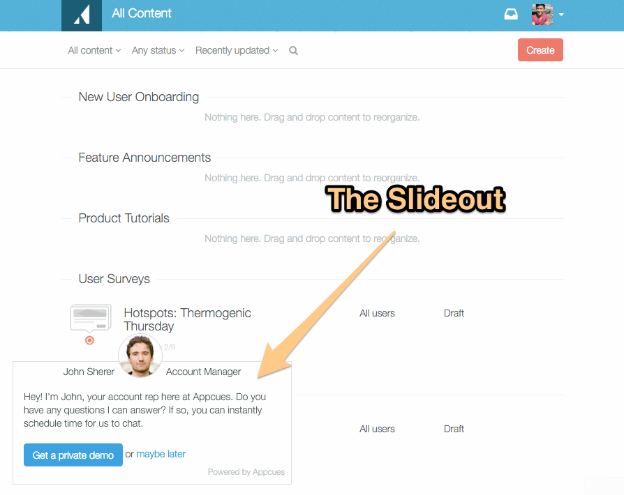 Appcues in-app message—original inspiration from sales demo CTA