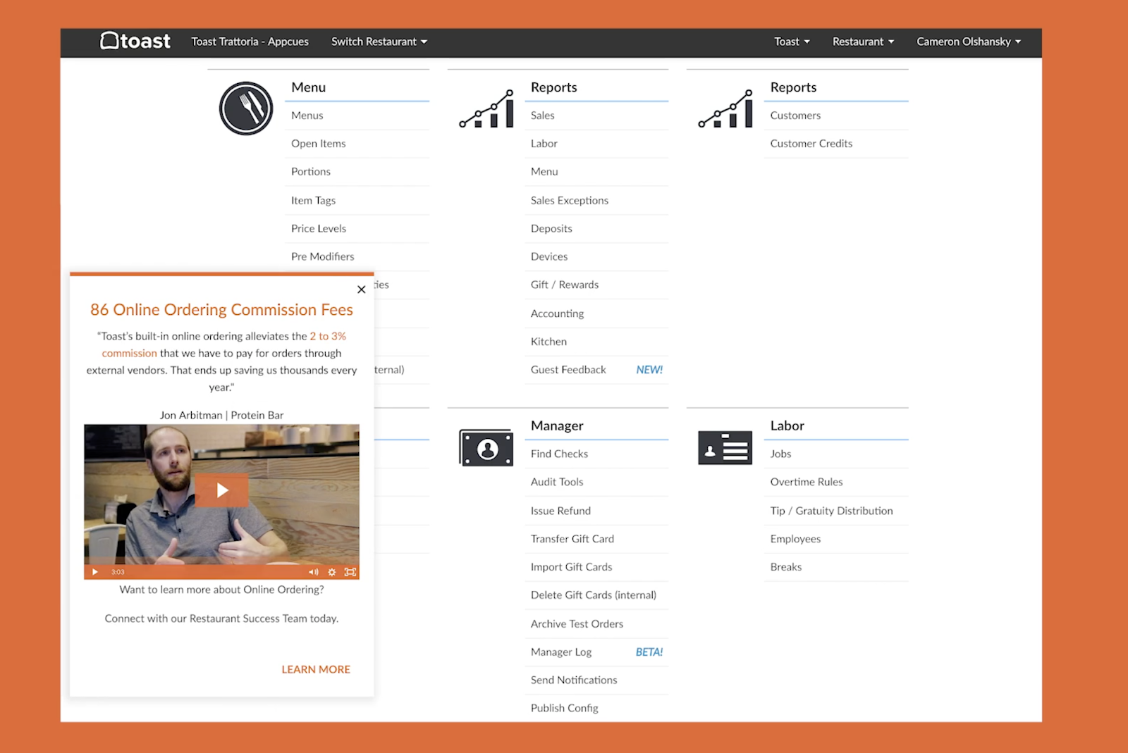 This is a screenshot of Toast POS system with a slideout created using Appcues. It shows a customer dashboard in Toast restaurant point of sale product, with a slideout with an embedded video