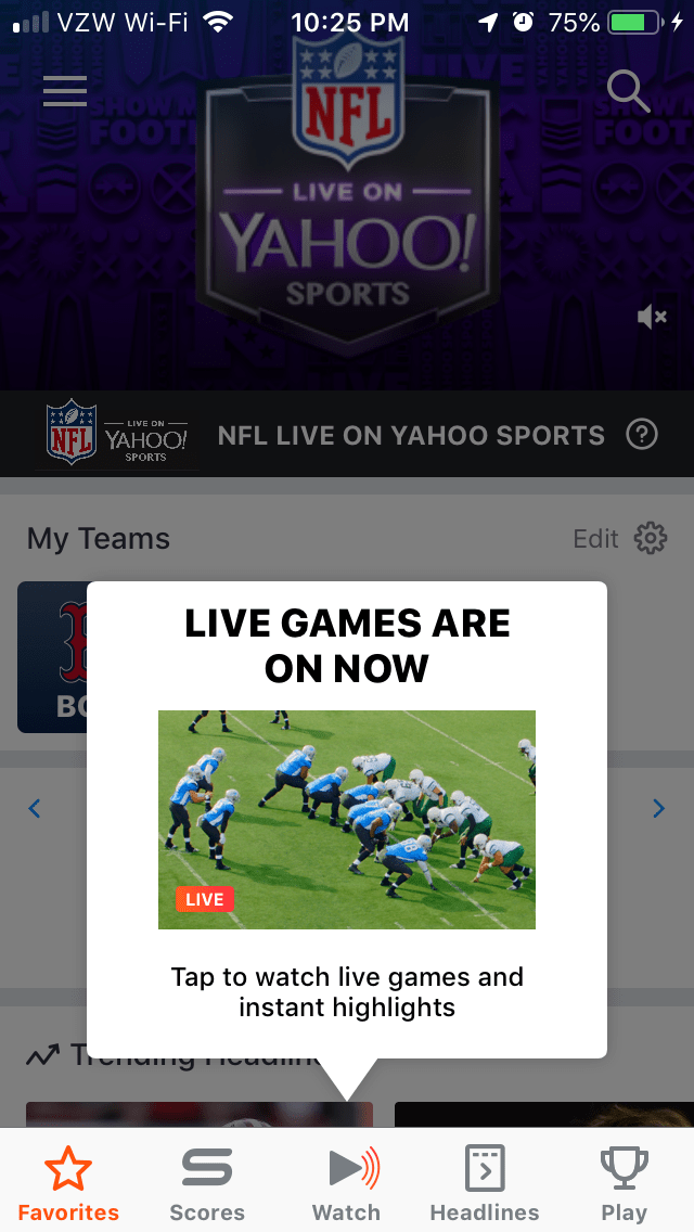 yahoo sports mobile app sticky feature tooltip