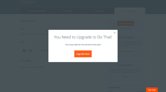 zapier upgrade prompt modal window that says "you need to upgrade to do that!"