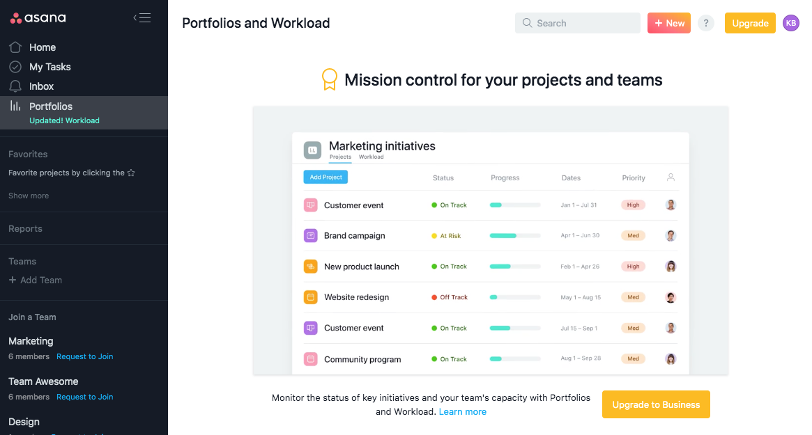 asana portfolios and workload dashboard premium account upselling with upgrade CTA