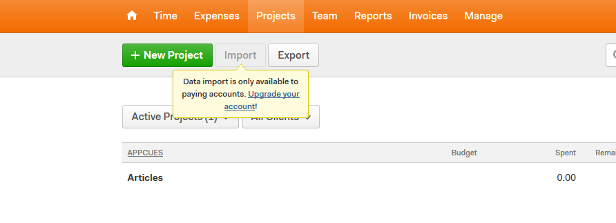 harvest upgrade prompt tooltip with in-line text upsell message