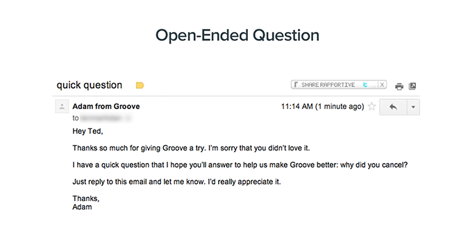 this is an example of a cancellation feedback email from Groove. It shows an open-ended question used for customer feedback to understand the reasons for churn