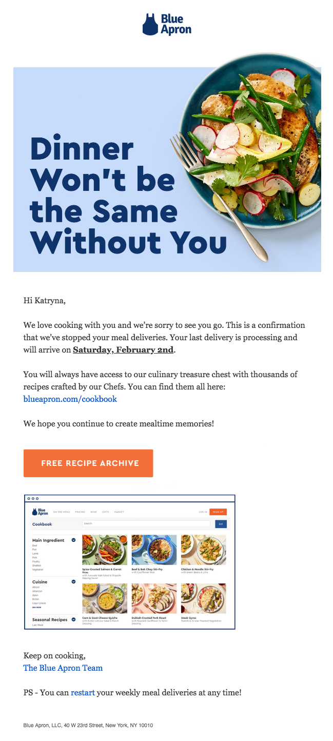 This is an email from Blue Apron after you cancel your account. It says "dinner won't be the same without you" and gives a link to the blue apron cookbook recipe archive