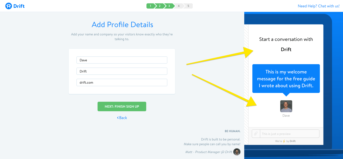 drift customization user onboarding step 3 profile details