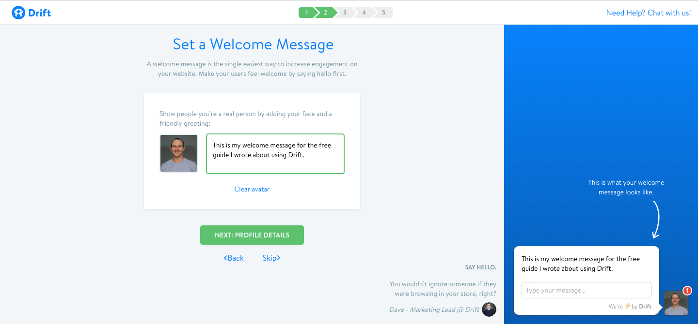drift customization user onboarding step 2 with custom welcome message