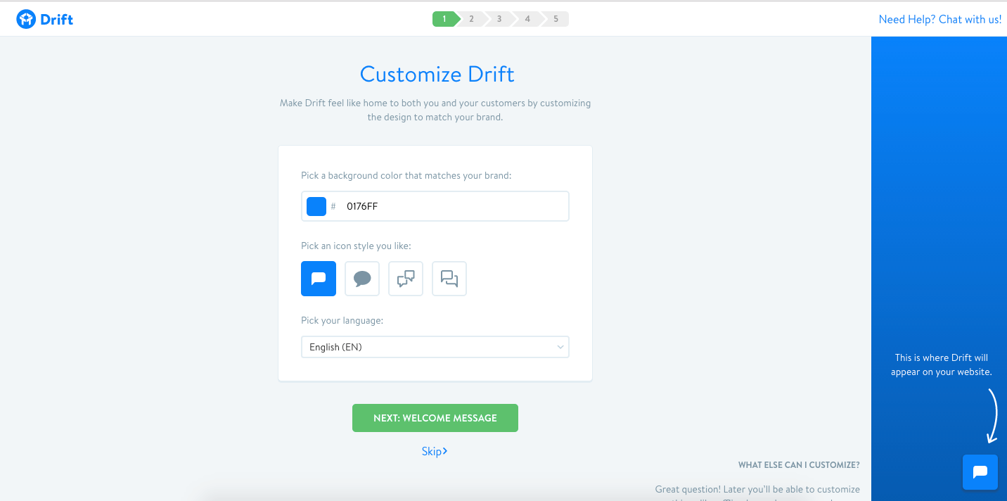 drift customization user onboarding step 1