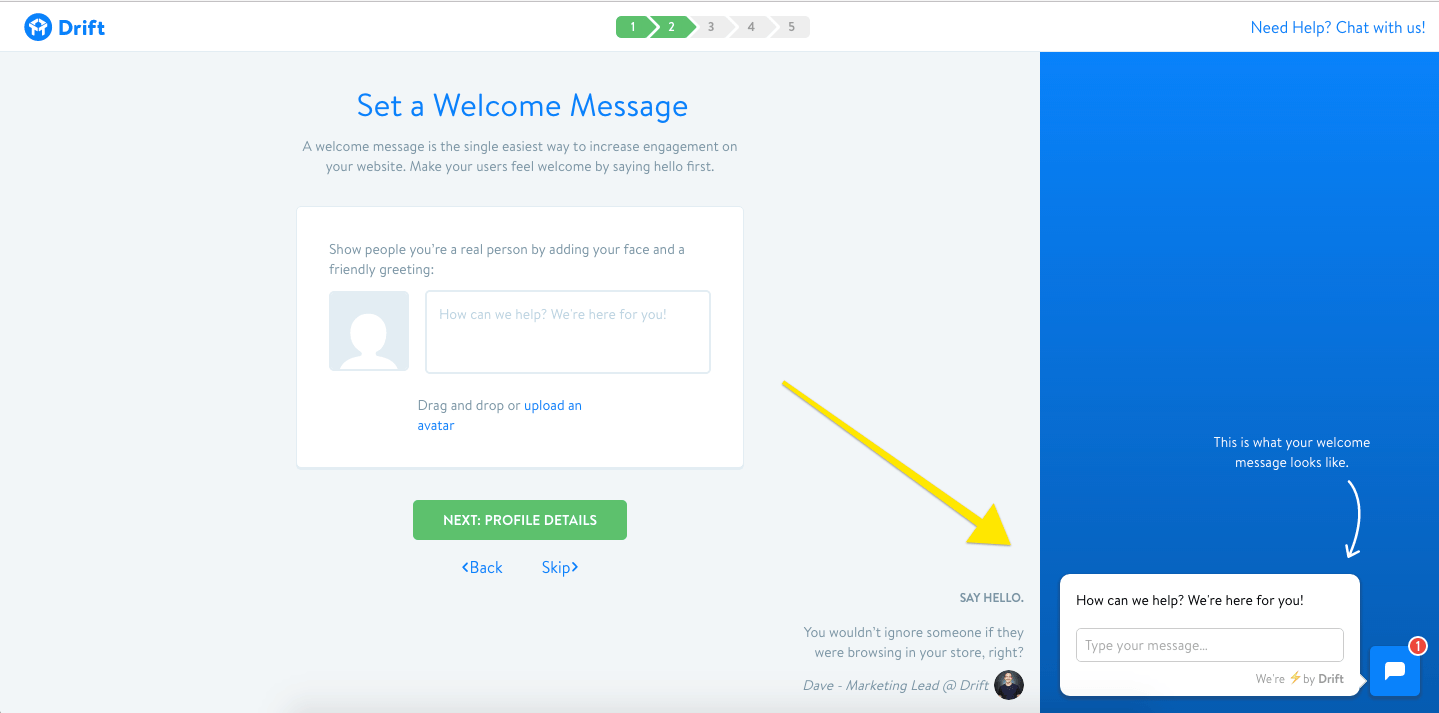 drift customization user onboarding step 2