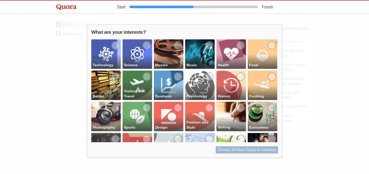 this is a screenshot image of quora's user onboarding experience that shows a modal window with self selection customization options and a partially completed progress bar