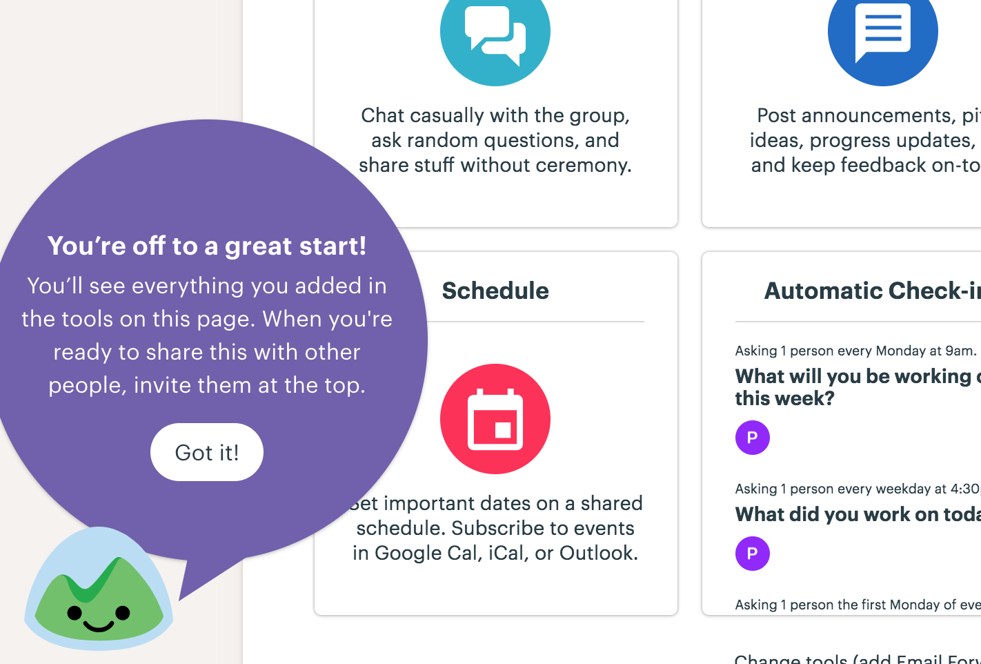 this is a screenshot image of basecamp's sample base that demonstrates value and guides users toward their activation event. this screenshot image focuses on basecamp's mascot and tooltip