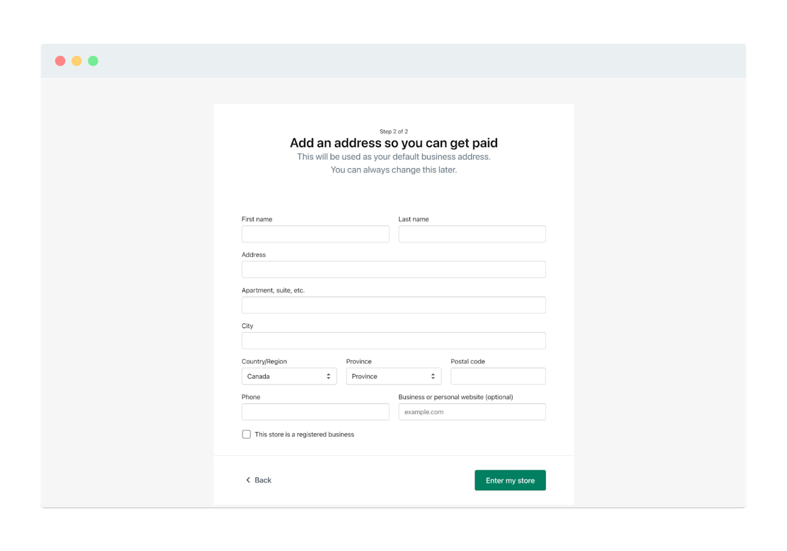 Shopify user onboarding screen, step 2/2