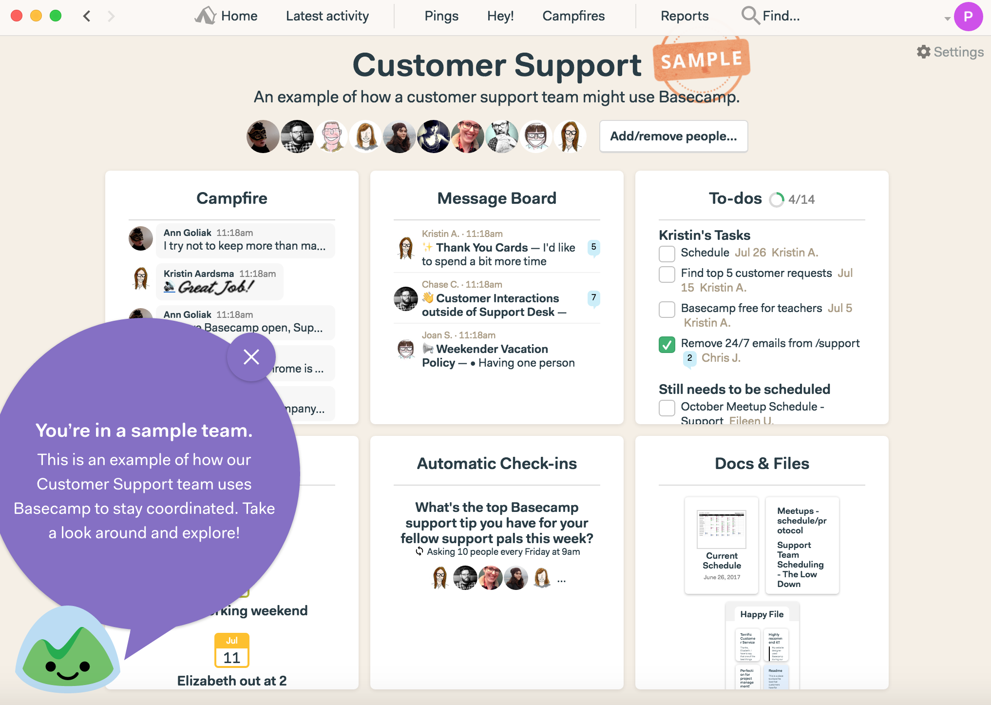 this is a screenshot image of basecamp's sample base that demonstrates value and guides users toward their activation event
