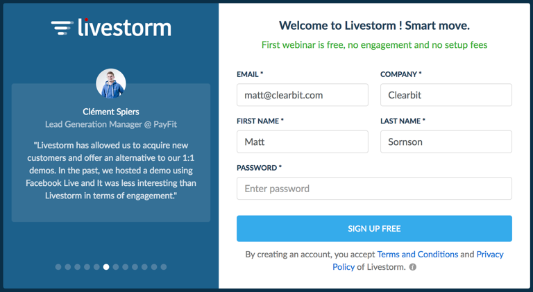 this is an image of a signup form with only a few fields that are autofilled by pulling user data from clearbit. There is a signup form with personalization on the right and a customer testimonial with headshot and company logo on the left.