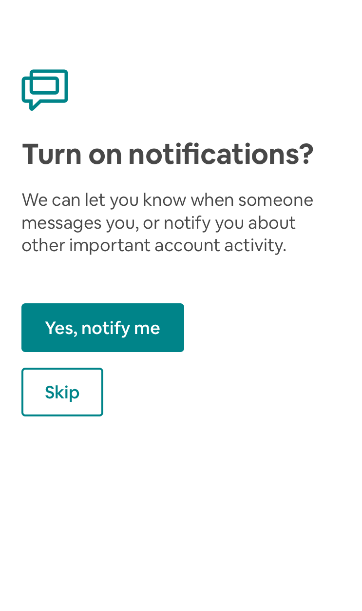 this is a push notification permission priming screen from Airbnb mobile app for iOS. It is a full screen that asks "turn on nofications?" with two buttons that read "yes, notify me" and "skip"