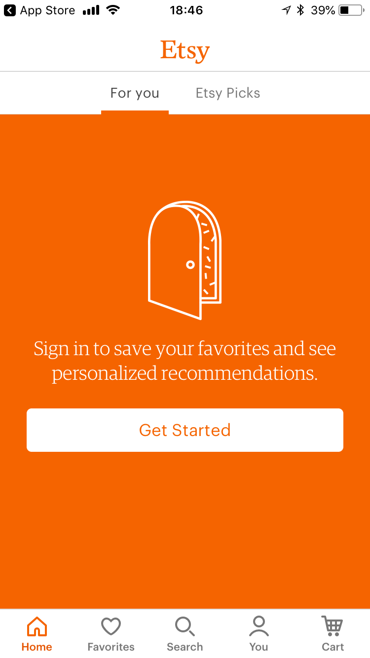 This is a screenshot of Etsy mobile app sign up login screen. It shows an illustration of a door on an orange background and a cta that says "get started"