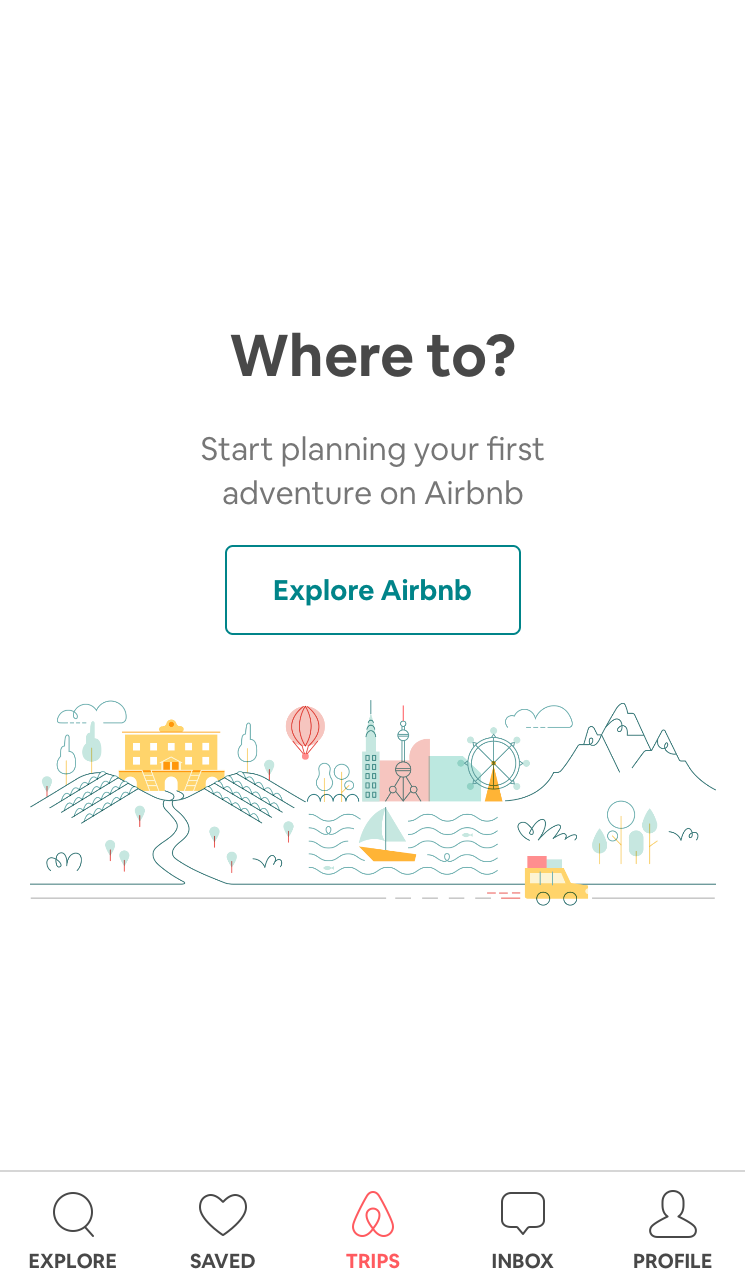 This is a screenshot of airbnb's mobile app that uses powerful ux copy with emotive words to inspire users to take action. It says "start planning your first adventure on airbnb" and the cta button reads "explore airbnb"