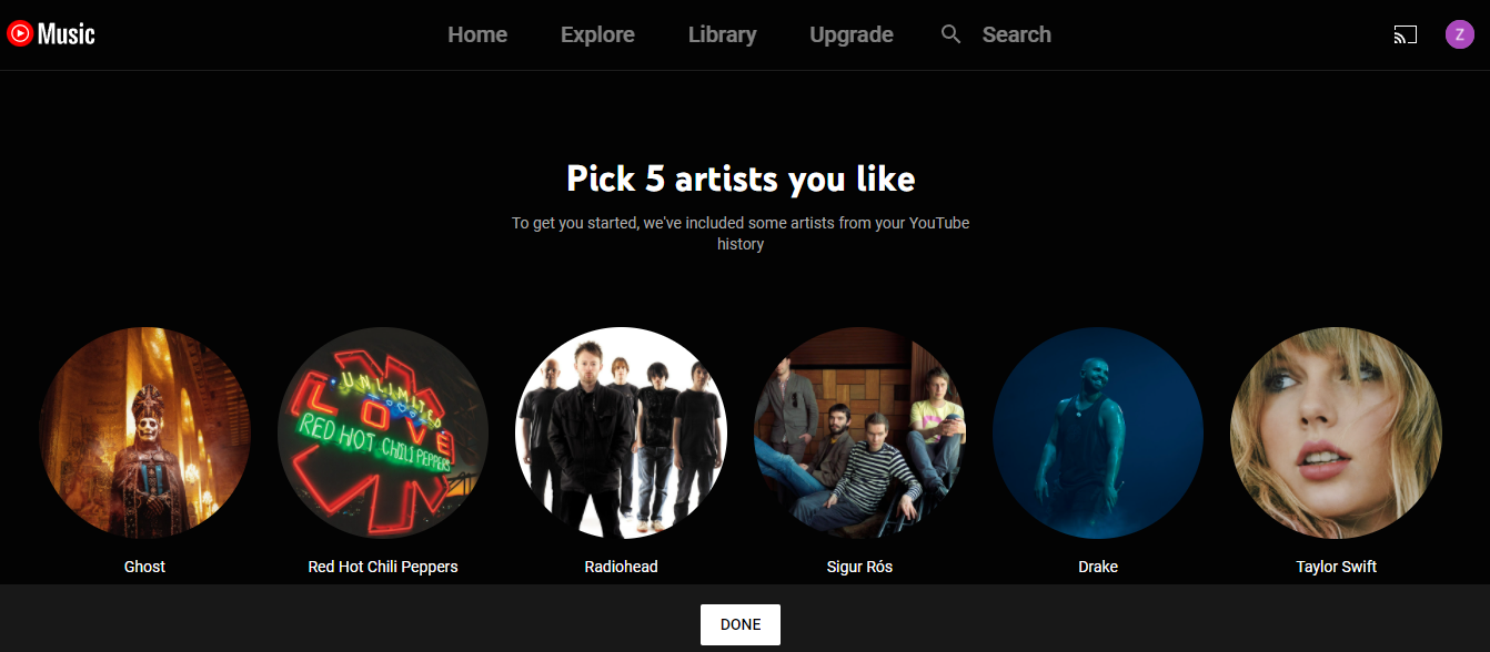 screen grab of youtube music onboarding screen