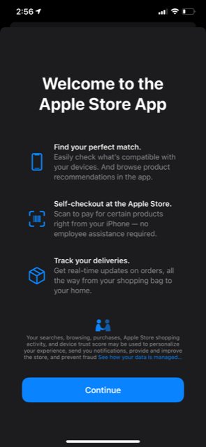 screen shot of apple store app welcome screen