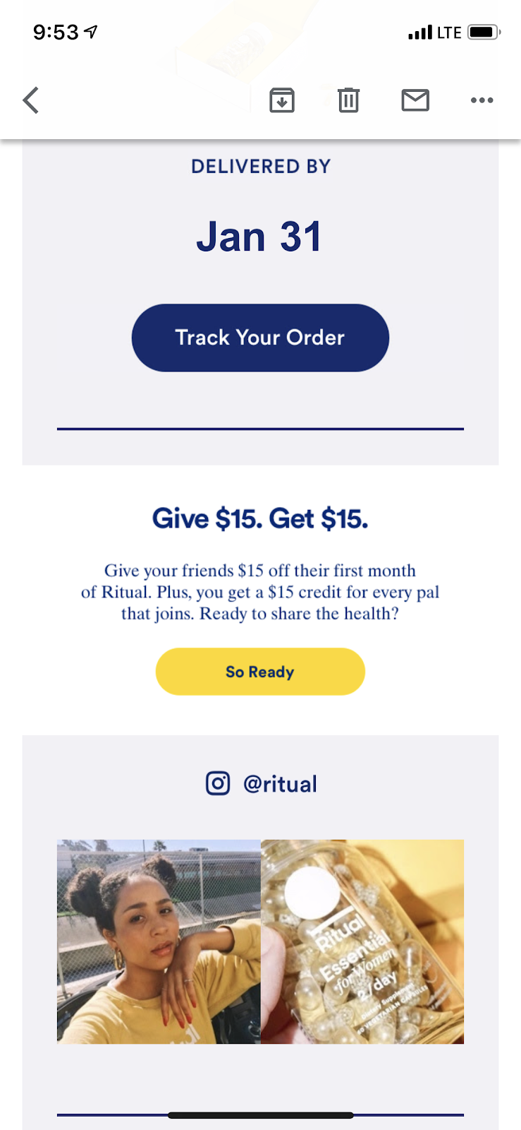 ritual vitamin customer referral program email example for viral growth