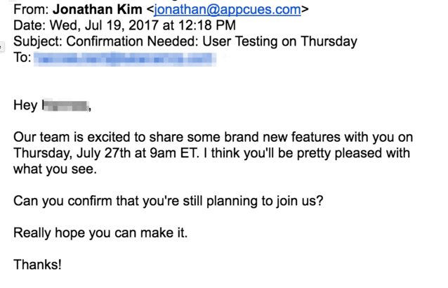 user testing email confirmation