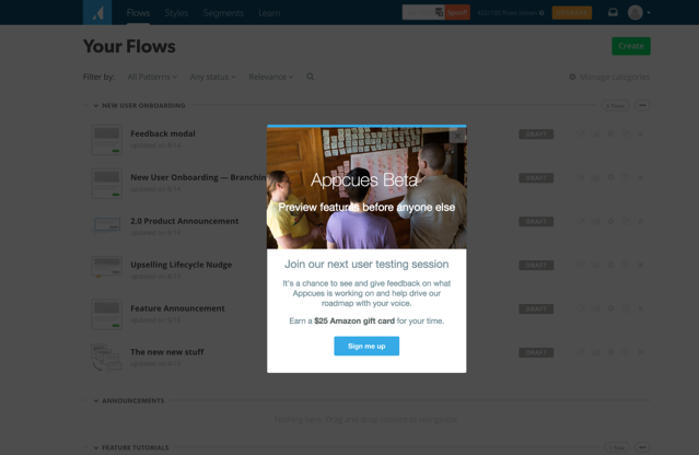 user testing day modal