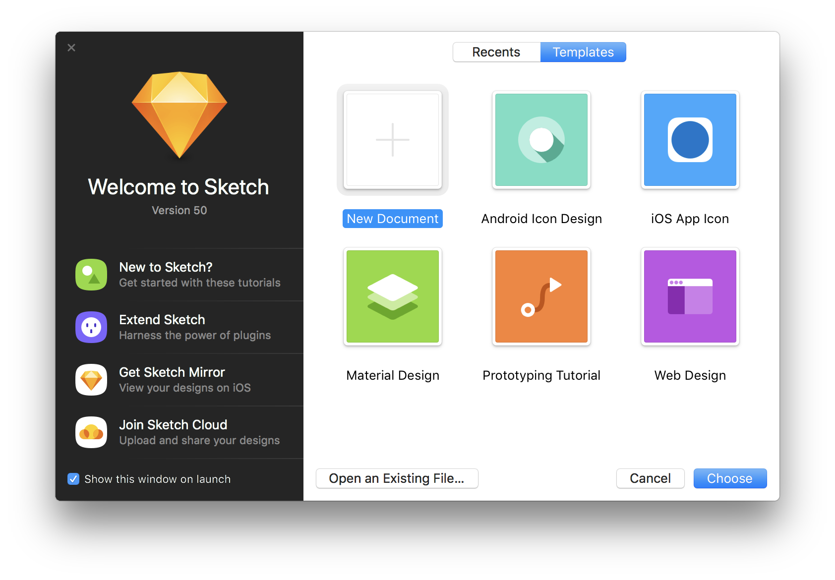 A screenshot of Sketch's welcome modal
