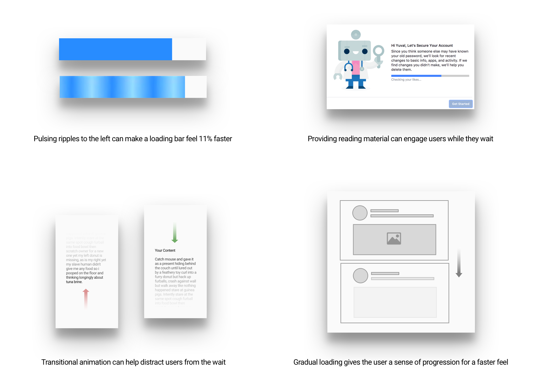 4 examples of how you can increase the perception of your app's speed, including animations, load bars, gradual loading, and providing reading material