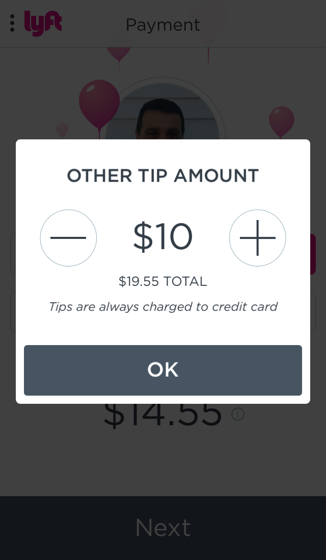 Lyft tipping modal