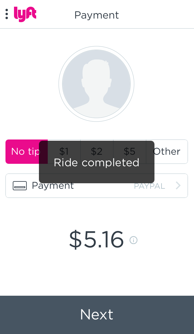 Lyft ride complete screen