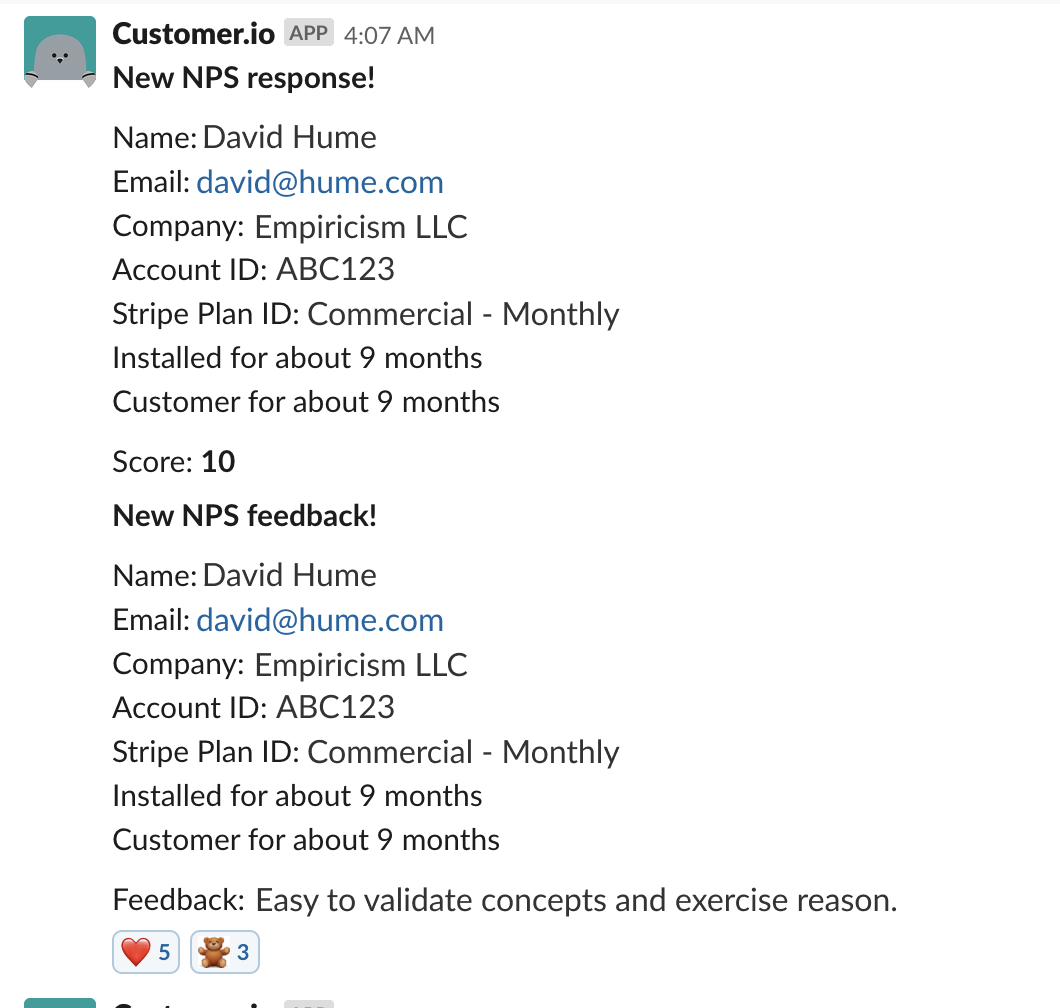 this is a sample of an automatically generated nps response report in slack. it shows nps customer feedback that has been automatically piped in to a slack channel