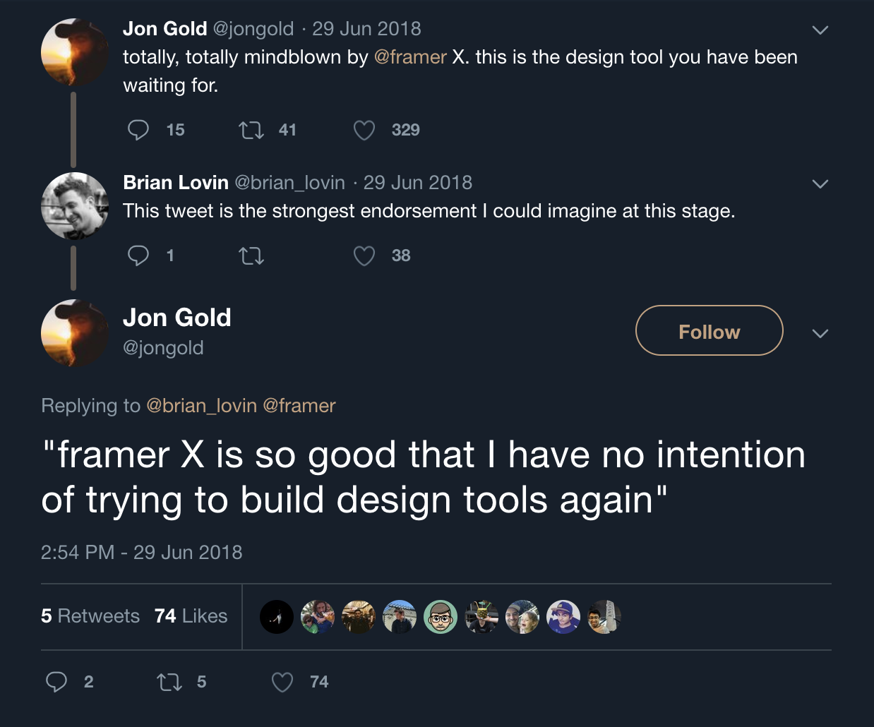 this is a tweet from jon gold abuot Framer x design tool. It say "totally totally mindblown by @framer x. this is the design tool you have been waiting for"