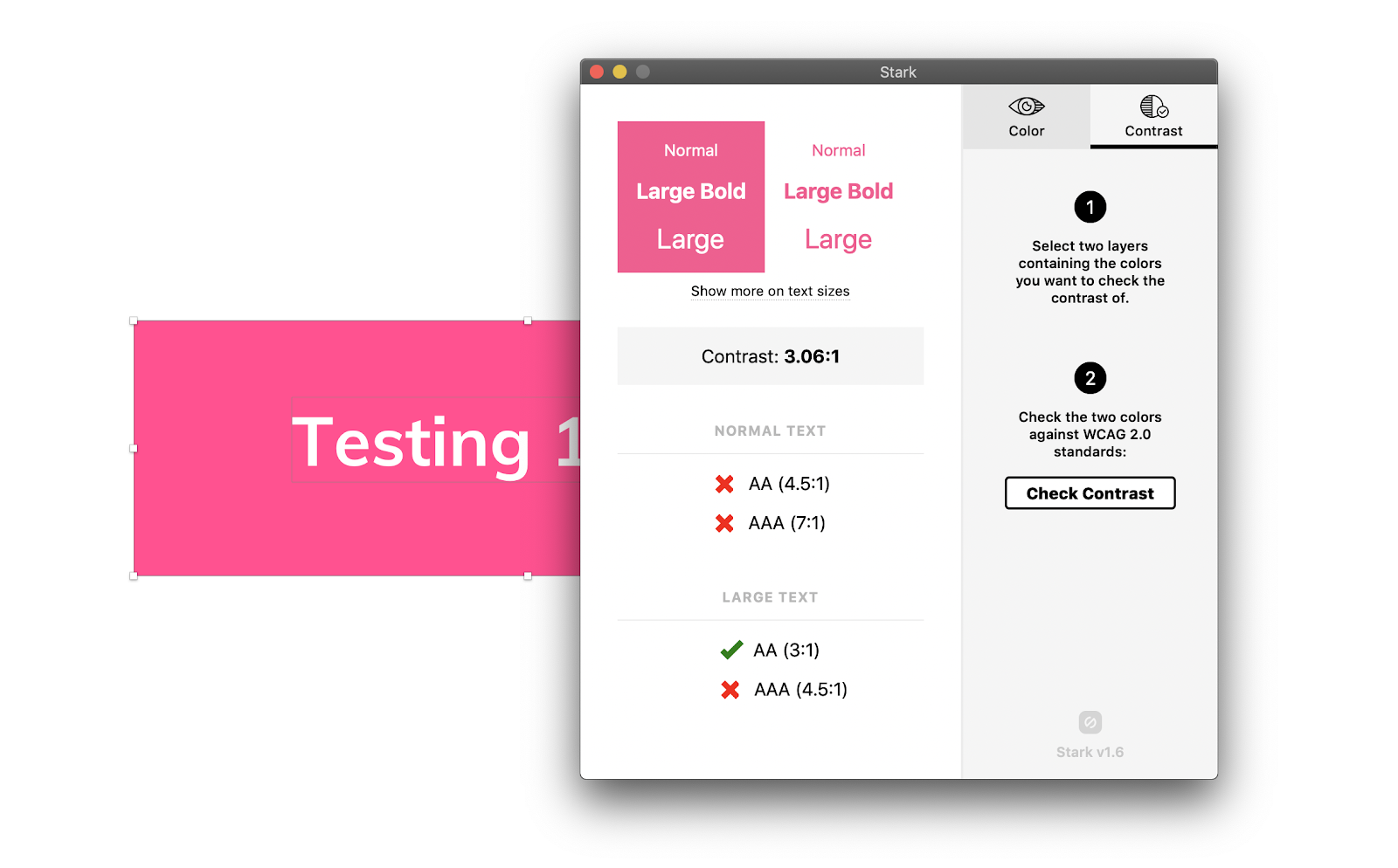 this is a screenshot of design tool Stark, showing a designer checking contrast in design files. It shows a design file contrast check